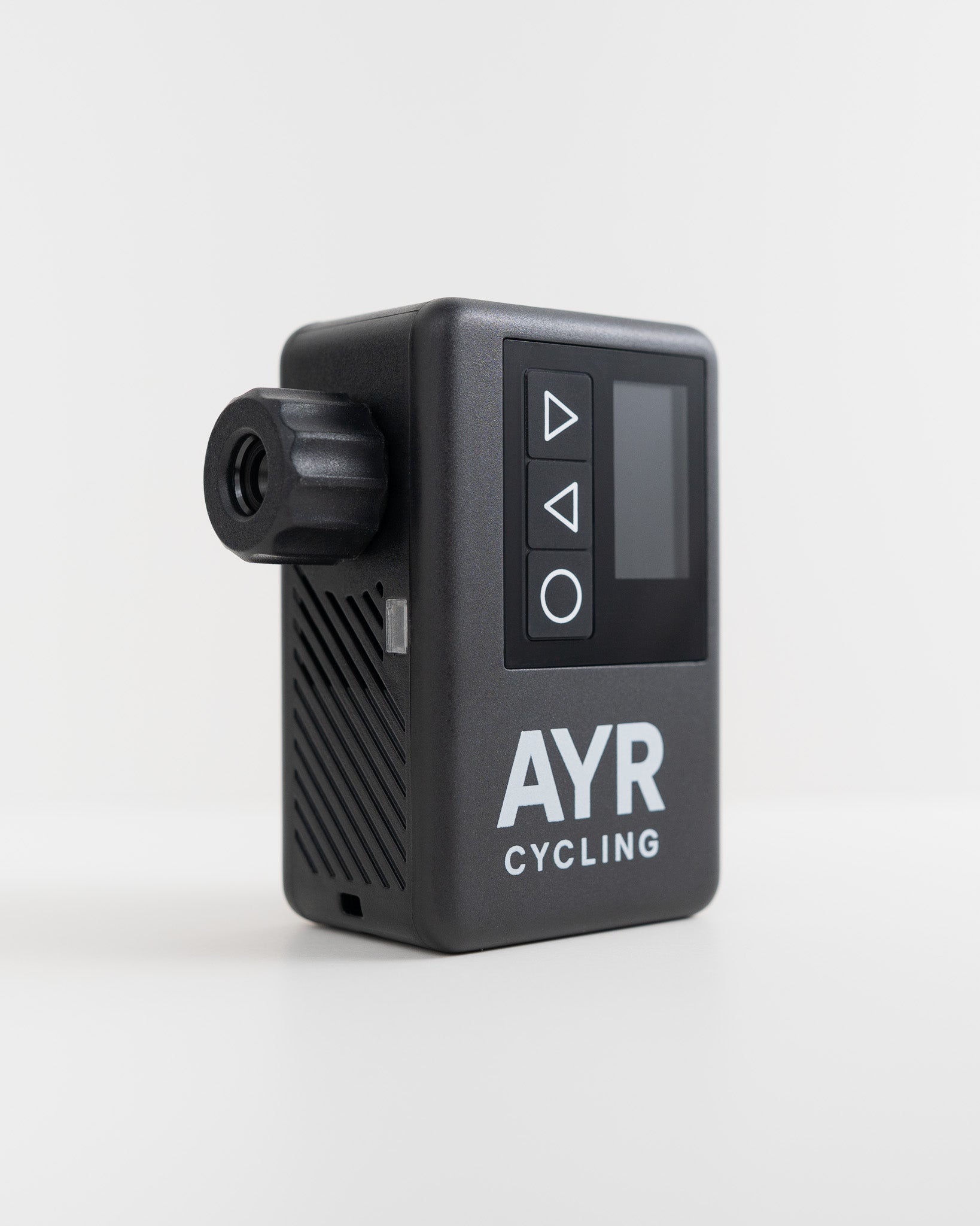 Side view of the AYR Cycling Electric Bike Pump showing control buttons and digital display for easy tire inflation.