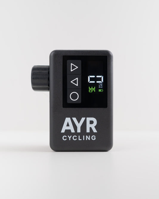 Close-up front view of the AYR Cycling Electric Pump with illuminated digital PSI readout.